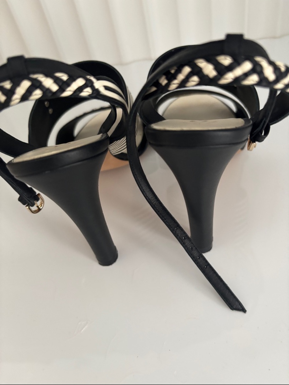 CHANEL Black and White Striped Slingback Heels with CC Accent - Picture 7 of 7